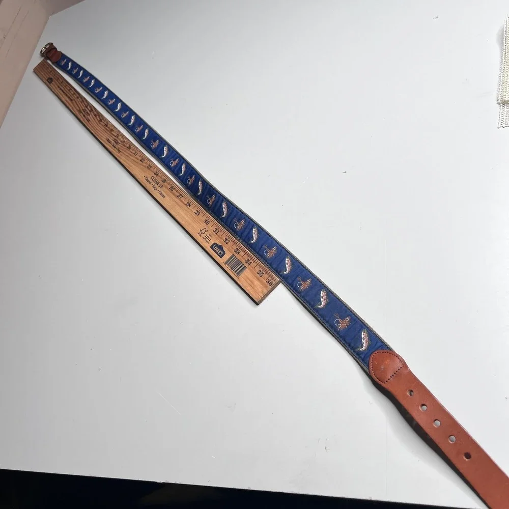 Leather Man Ltd Leather Belt Mens 34 Blue Fish Embroidered Webbed Brass Buckle